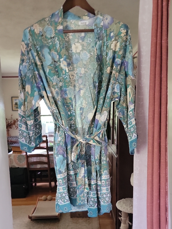 Other - Blue Green Floral Satin Kimono Robe